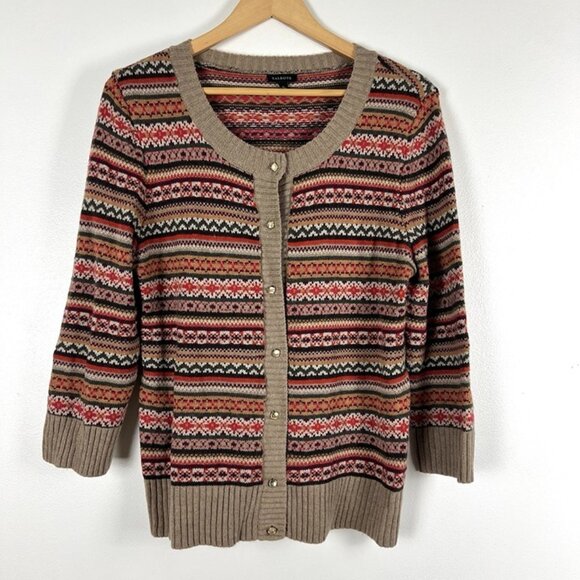 Talbots Fair Isle Wool Blend Button Up Cardigan Sweater 3/4 Sleeve sz L Soft - Picture 1 of 8